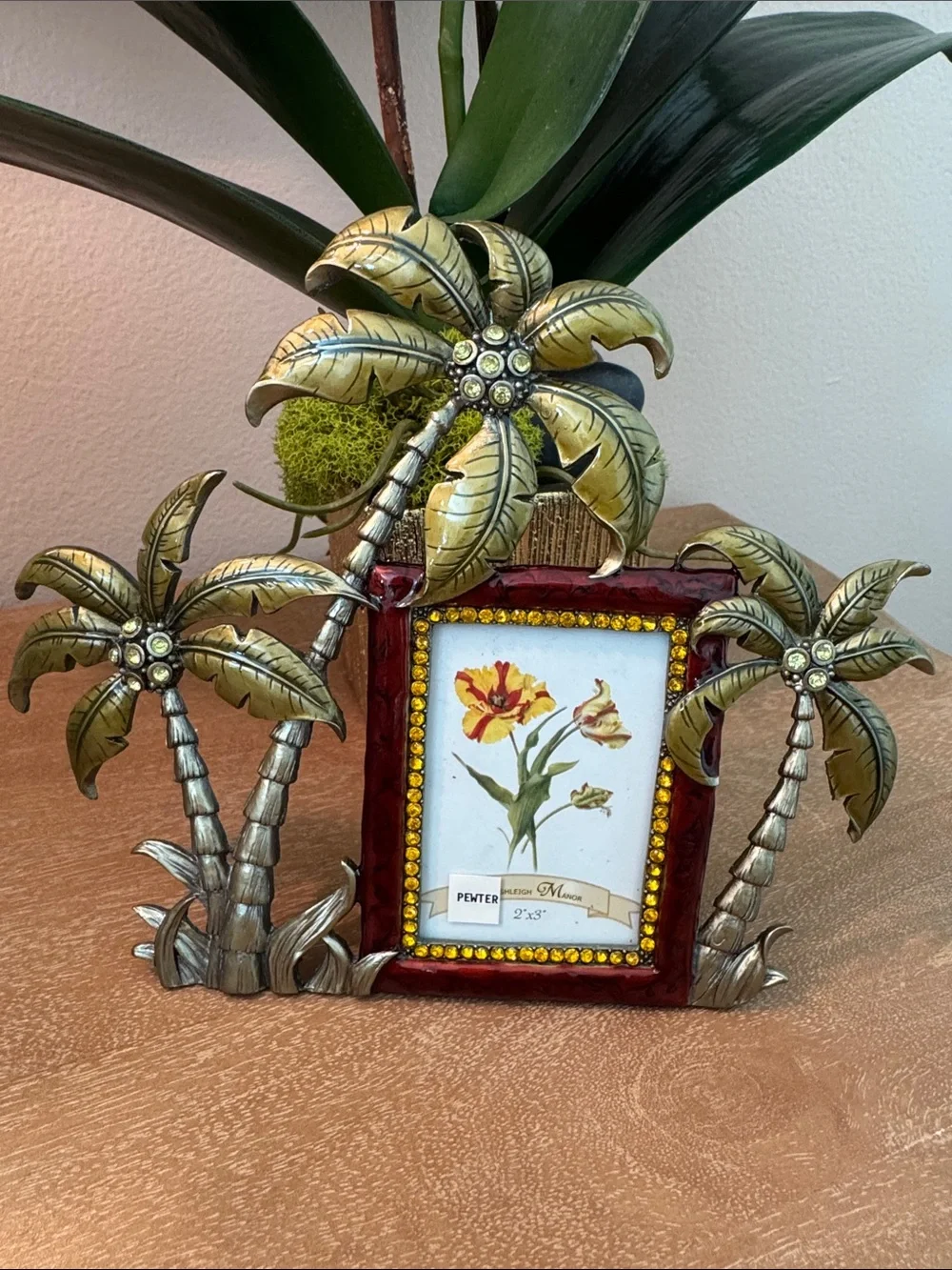 NWT Heavy Pewter, Enamel and Jeweled Picture Frame in Palm Tree Design for 2x3”